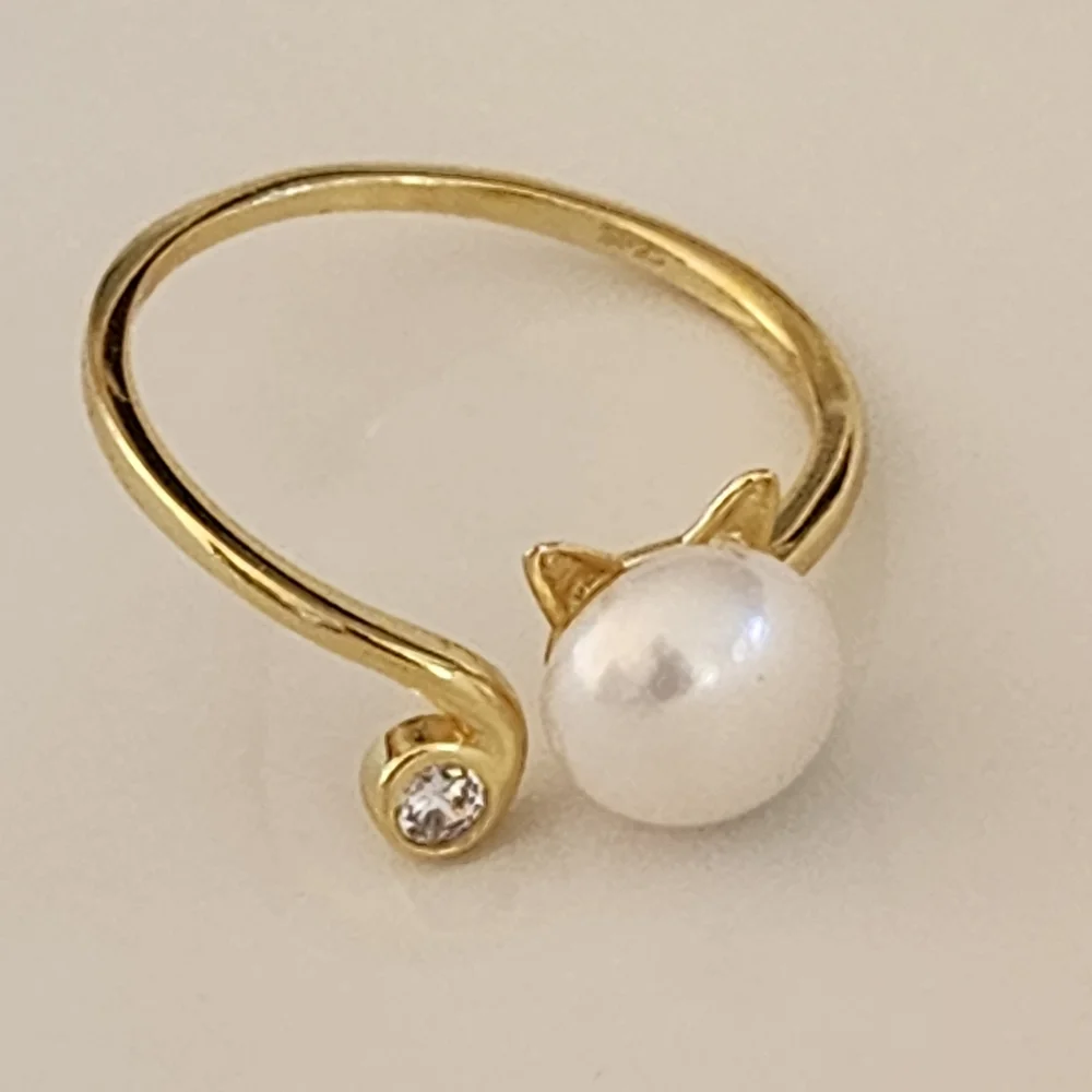 Womens 8mm Cultured Freshwater Pearl Gold Plated Ring Cat‎ Shape Adjustable